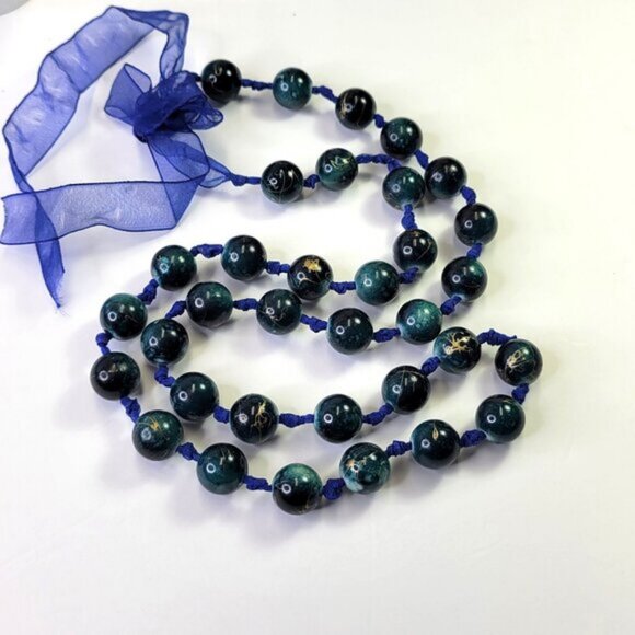 Blue Beaded Long Necklace on a Ribbon - Picture 1 of 8